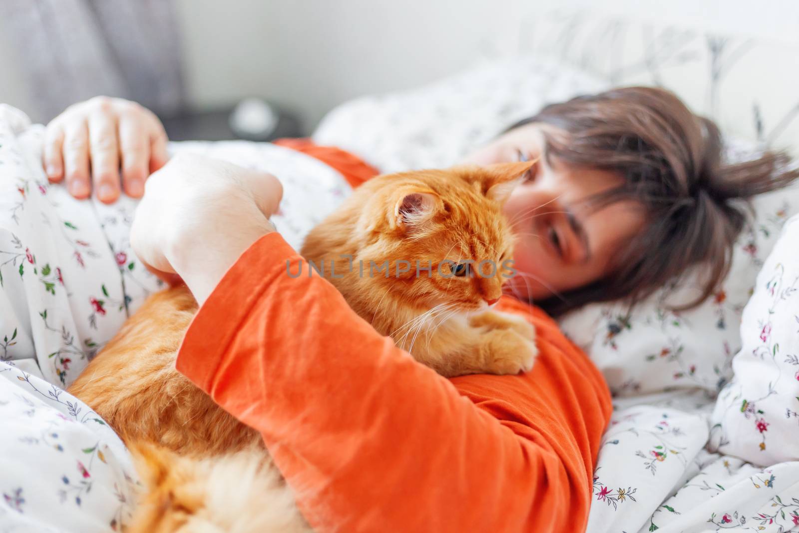 Man and ginger cat in bed. Cute cozy home background. Morning bedtime.