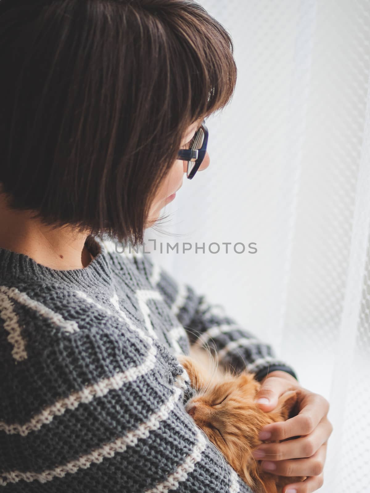 Cute ginger cat dozing on woman arms. Smiling woman in grey knitted sweater stroking her fluffy pet. Cozy home.