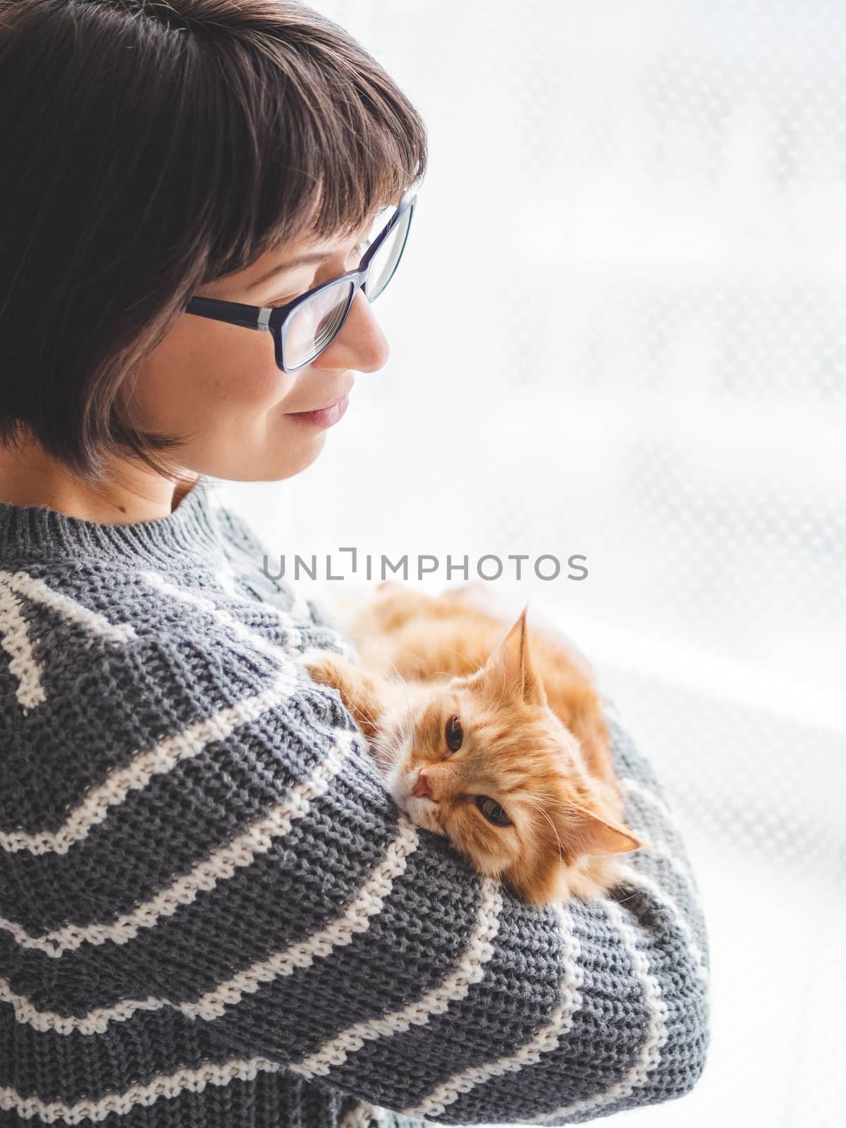 Cute ginger cat dozing on woman arms. Smiling woman in grey knitted sweater holding her fluffy pet. Cozy home.