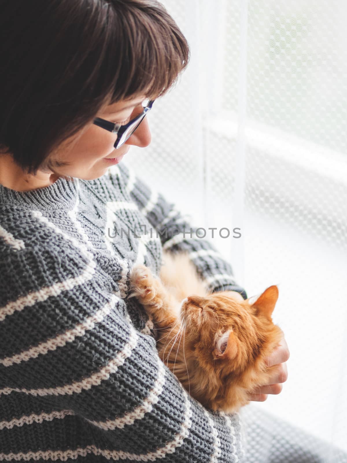 Cute ginger cat dozing on woman arms. Smiling woman in grey knitted sweater stroking her fluffy pet. Cozy home.