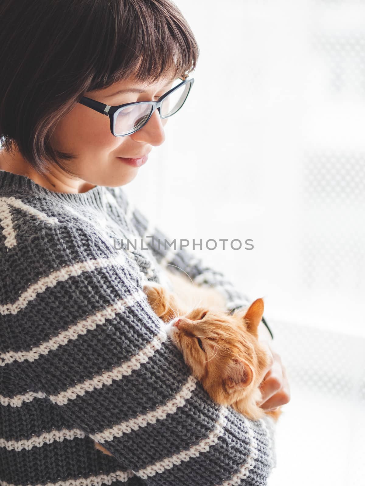 Cute ginger cat dozing on woman hands. Smiling woman in grey knitted sweater stroking her fluffy pet. Cozy home.