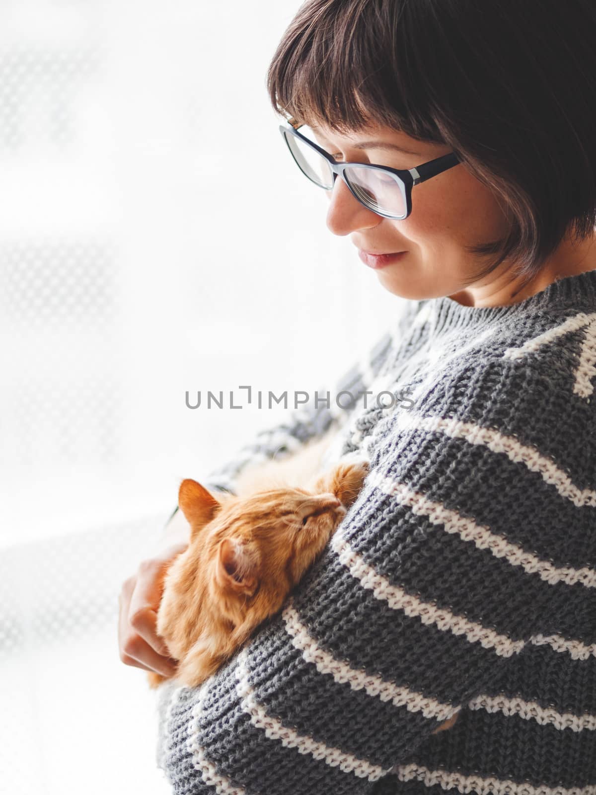 Cute ginger cat dozing on woman hands. Smiling woman in grey knitted sweater stroking her fluffy pet. Cozy home.