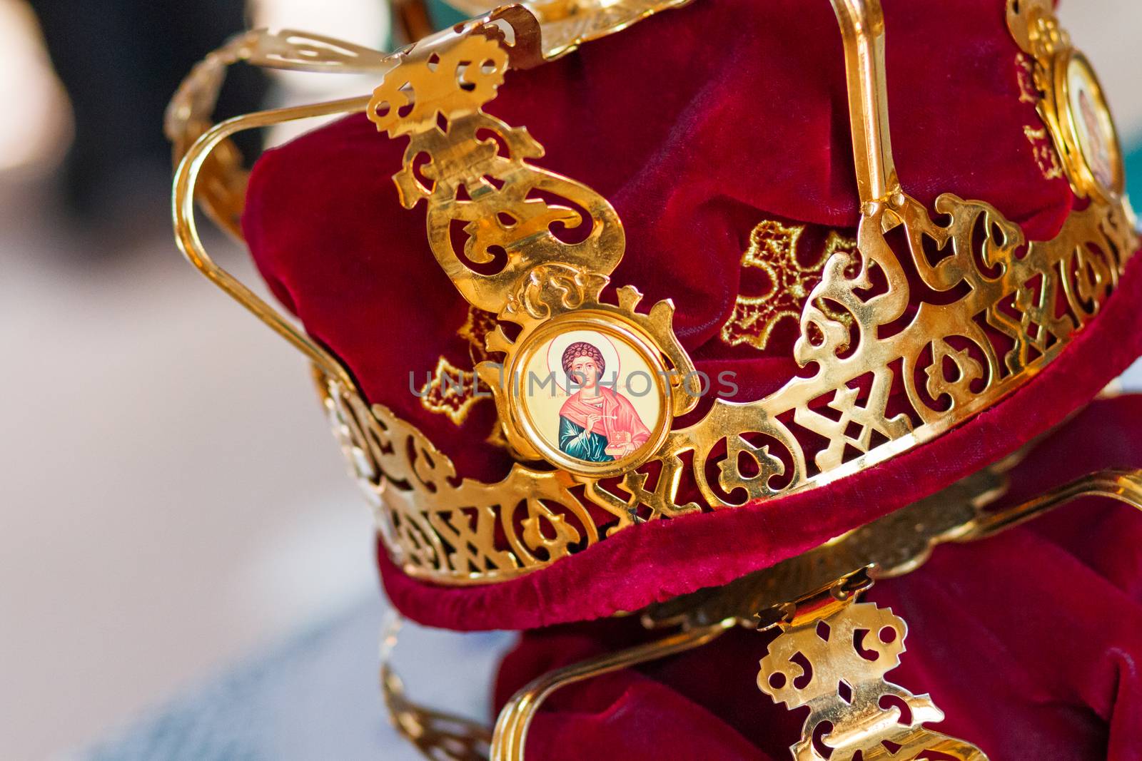 Bridal crowns. Sacral details of wedding ceremony in the Orthodox Christian Church. Russia.