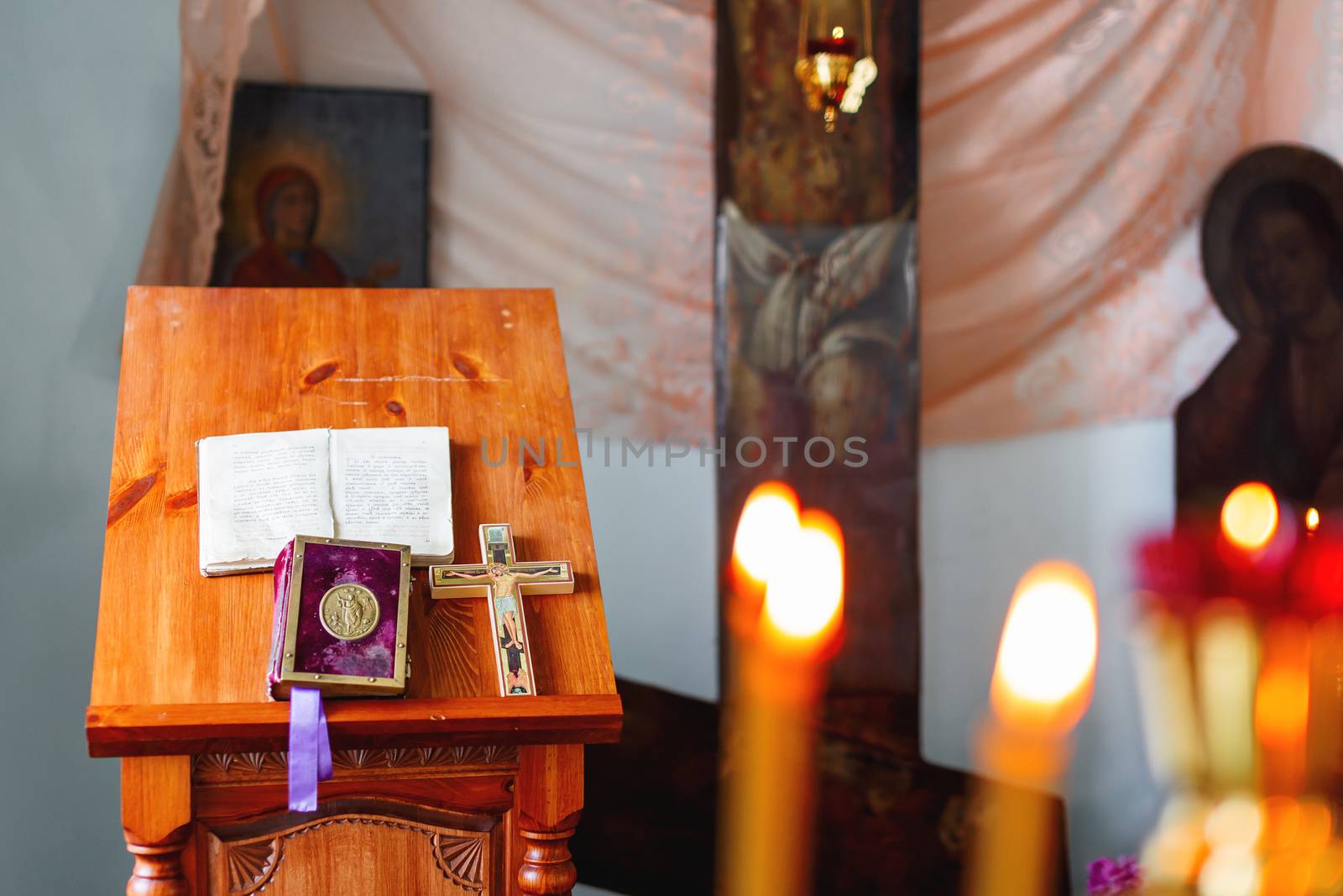 Golden religious utensils. Details in orthodox christian church. Russia.