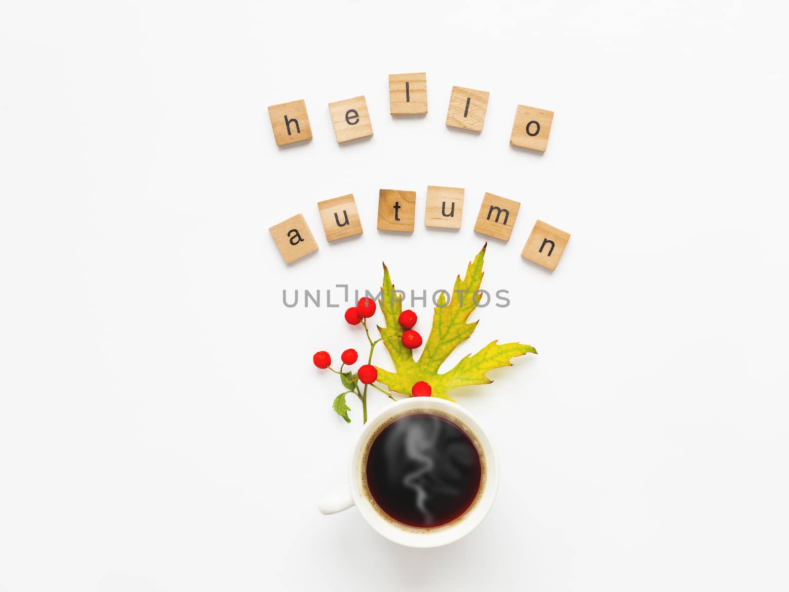 Cup of hot coffee with autumn leaves and berries on white background. Words HELLO AUTUMN. Warm beverage in white mug with copy space.