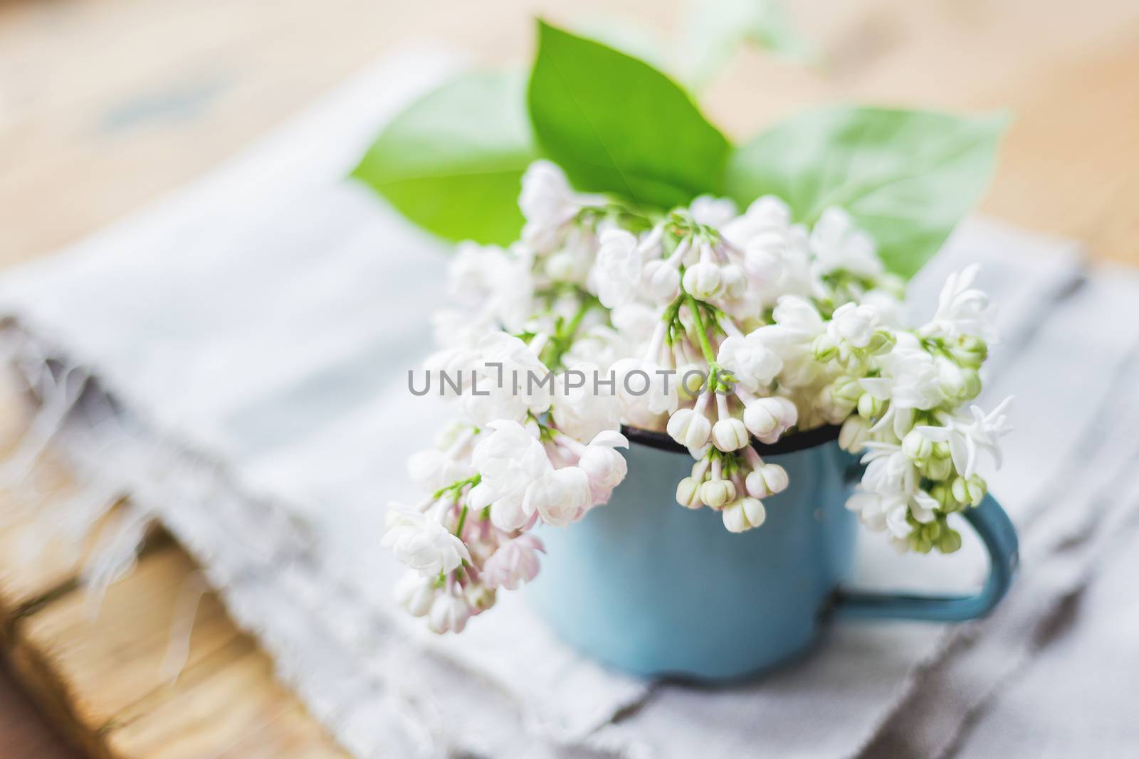 Lilac (Syringa) flowers in old rusty mug. Spring background with white and violet flowers in rustic cup on wooden table.