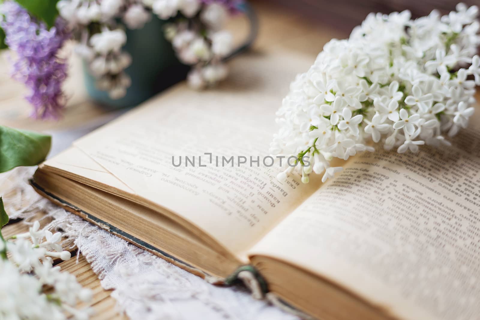 Still life with lilac flowers on old book. Rustic vintage background. Interesting reading.