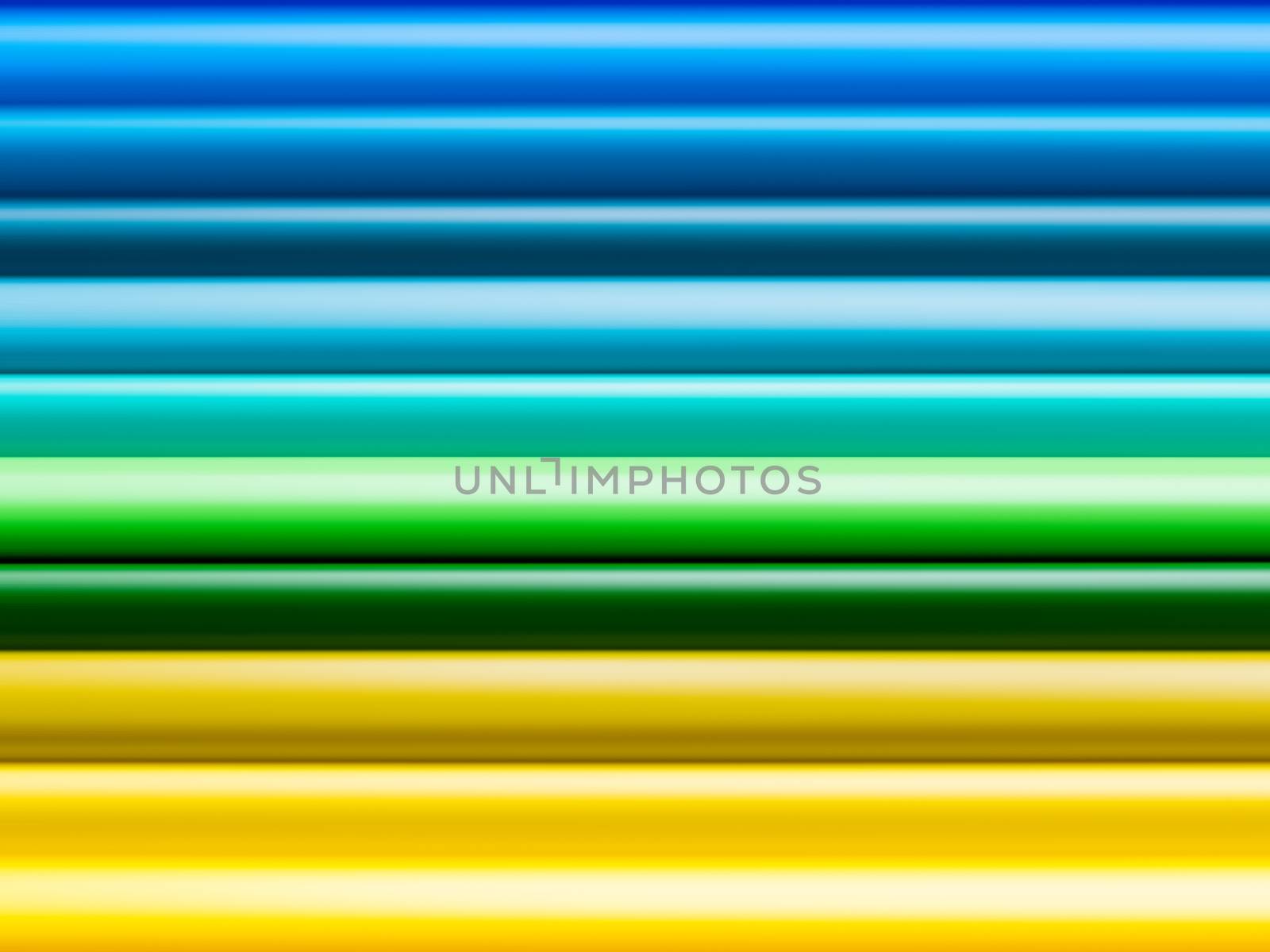 Horizontal row of yellow, green and blue watercolor pencils. School supplies background. Kid's stationery. Back to school backdrop with abstract rainbowgradient lines.