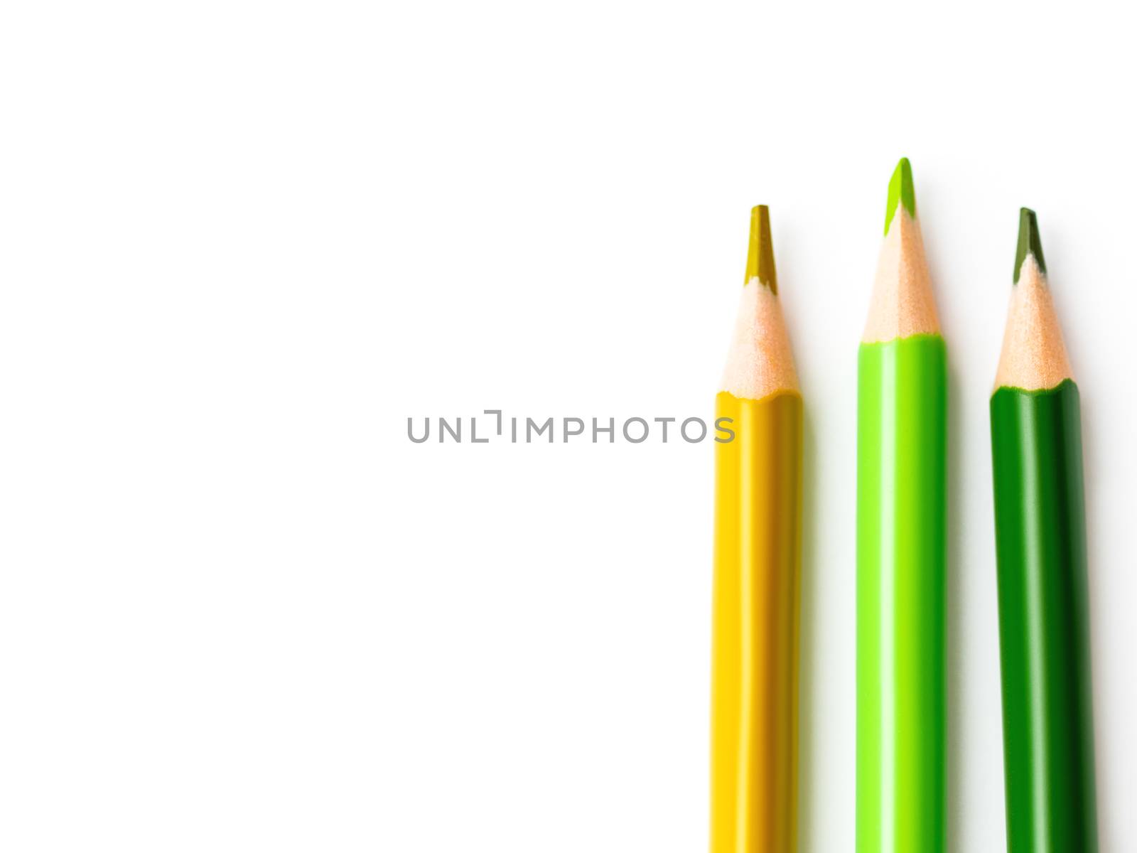 Yellow and green pencils on white background. School supplies with copy space. Kid's stationery. Back to school backdrop.
