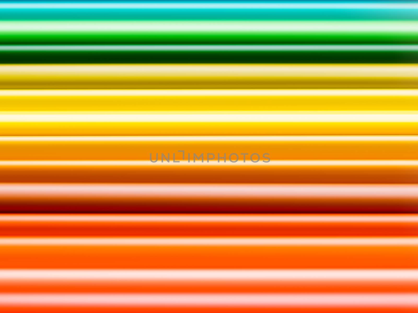 Horizontal row of orange, yellow and green watercolor pencils. School supplies background. Kid's stationery. Back to school backdrop with abstract rainbowgradient lines.