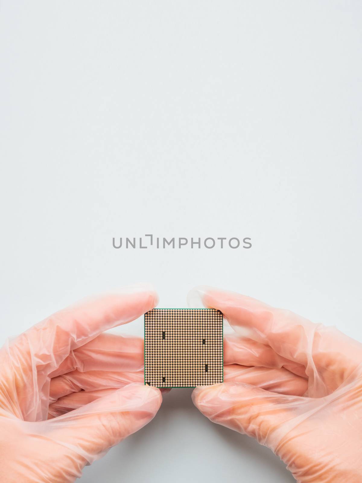 Hands in rubber glove with Central Computer Processor. CPU on grey background. Technological detail of personal computer.