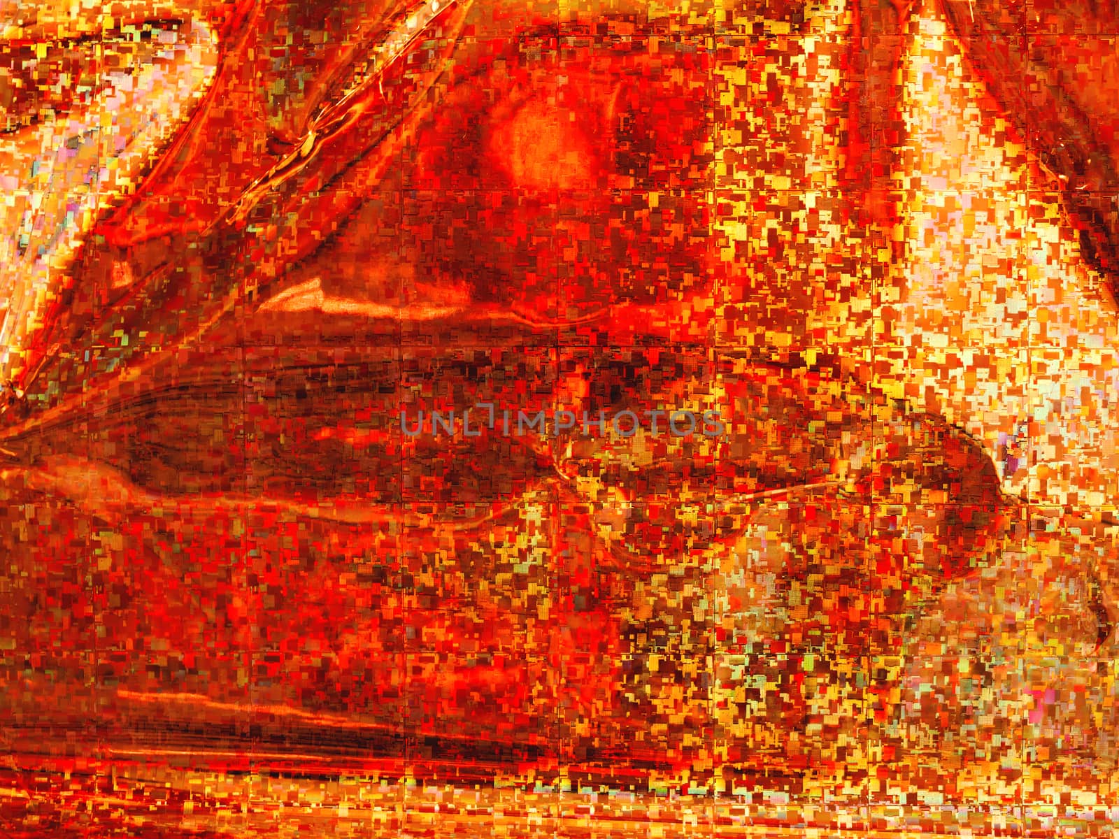 Bright golden background. Shiny and sparkling holographic orange backdrop. Top view, flat lay.