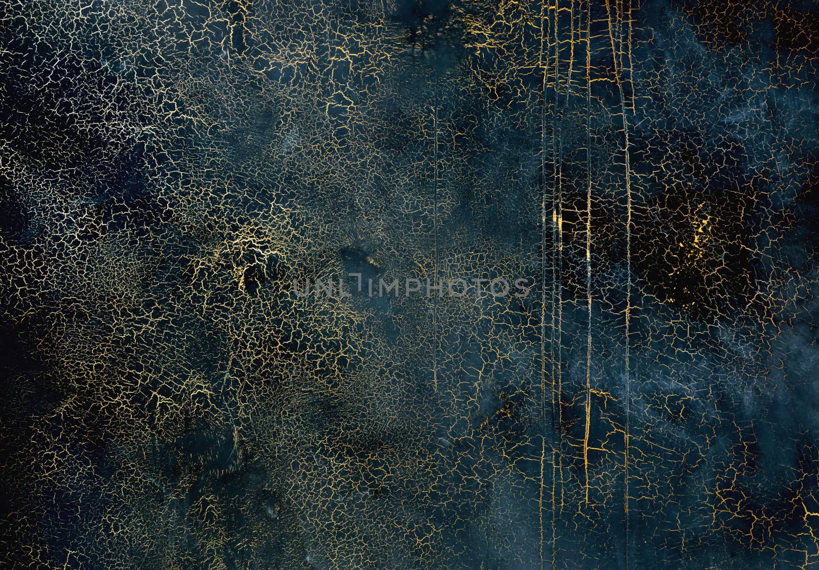 Dark blue texture with gold cracks. Surface with craquelure effect.