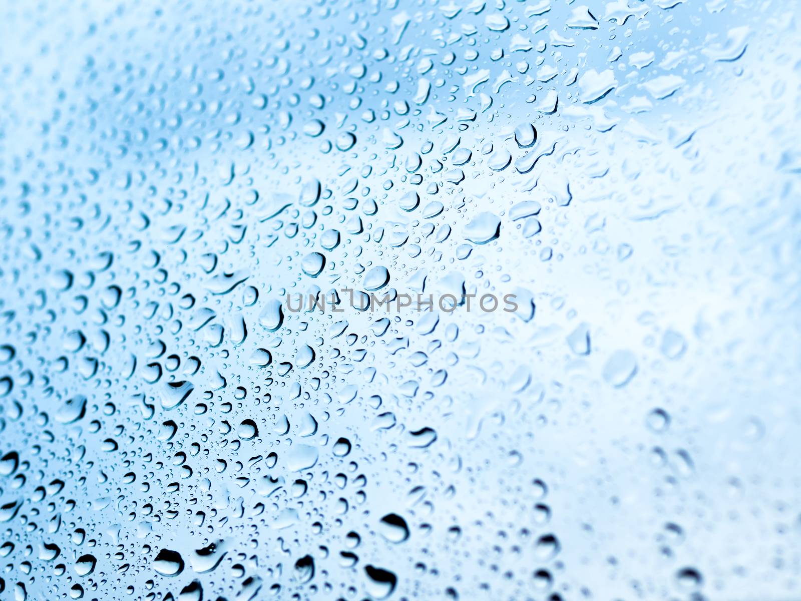 Rain drops on glass. Silhouettes of water drops on blue transparent surface.