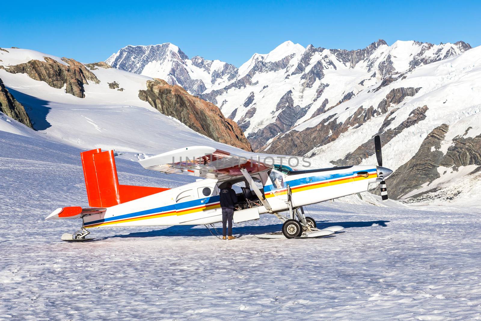 Mount Cook, New Zealand. plane ride to an area completely covered by ice and snow. Oceania.