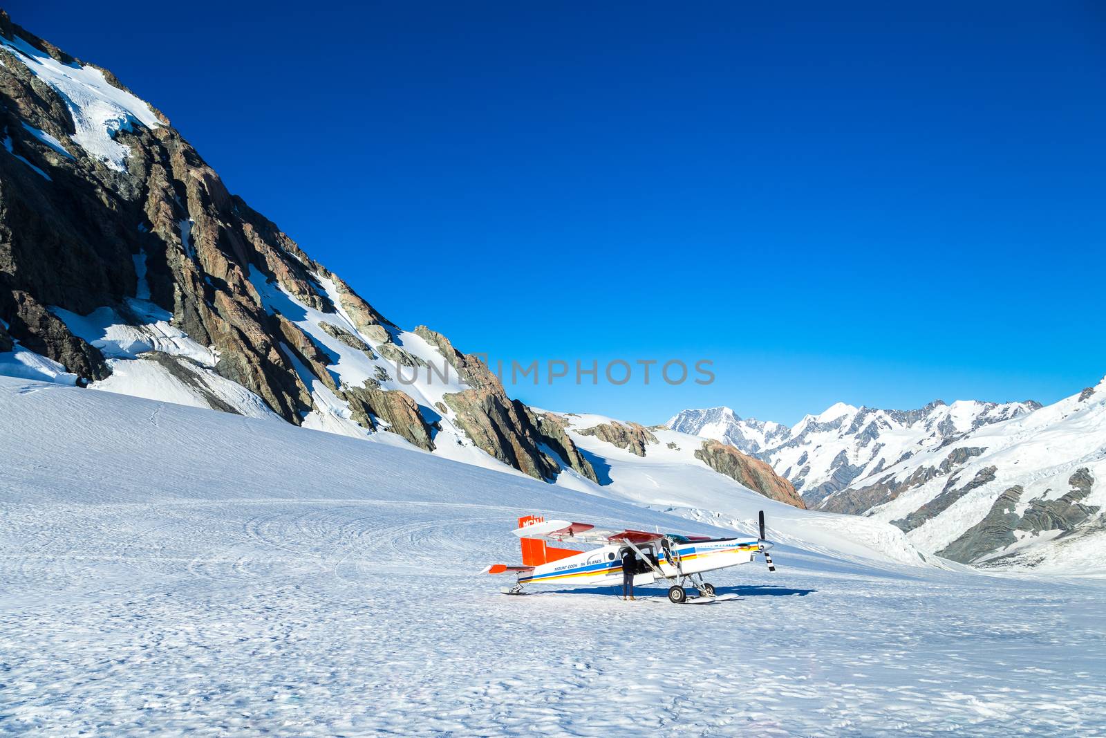 Mount Cook, New Zealand. plane ride to an area completely covered by ice and snow. Oceania.