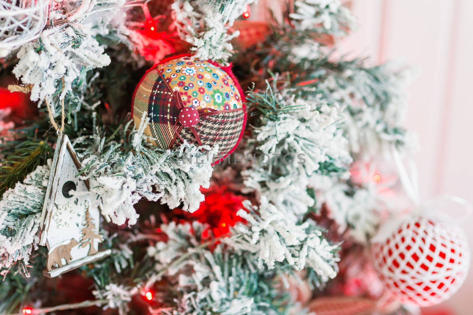 Christmas and New Year background with Eve Tree and decorations. Cozy holiday morning at home.