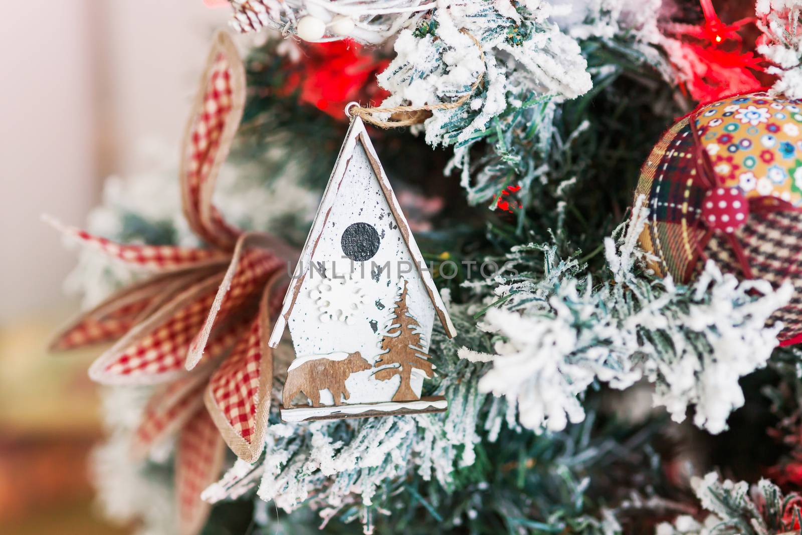 Christmas and New Year background with Eve Tree and decorations. Cozy holiday morning at home.