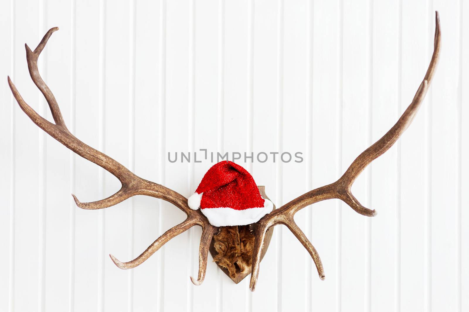 Deer antler with bright red Santa's hat. Christmas detail of home interior.