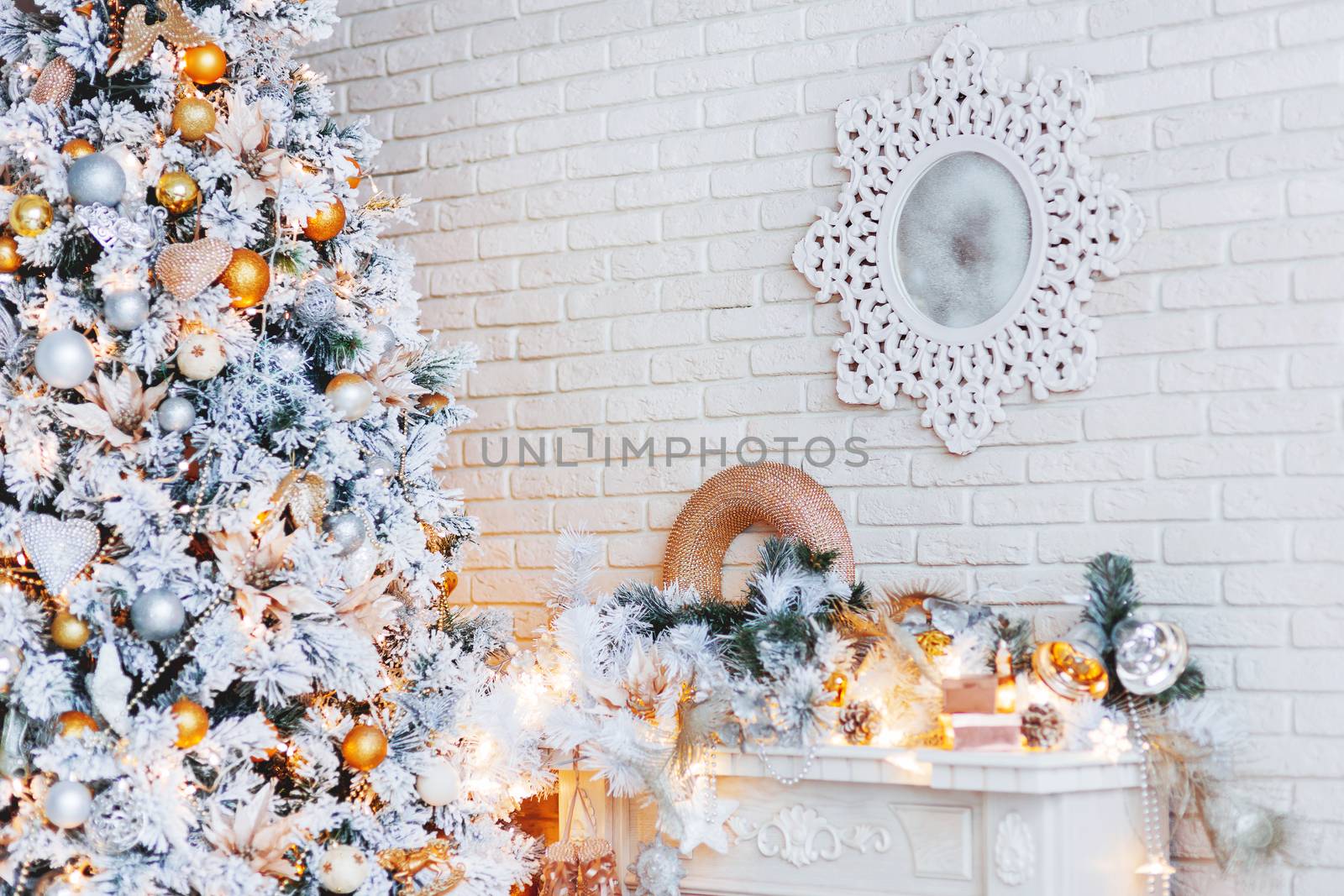 Christmas and New Year Eve Tree. Holiday winter background. Interior details - mirror-snowflake, mantelpiece with garland of light bulbs.