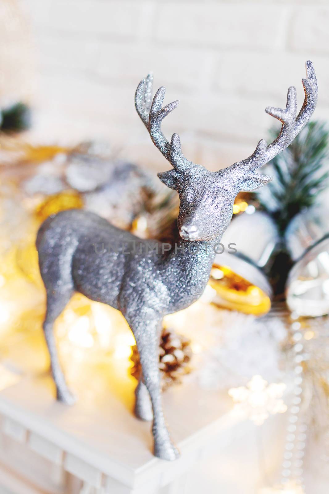 Christmas and New Year decorations with silver deer. Holiday winter background.