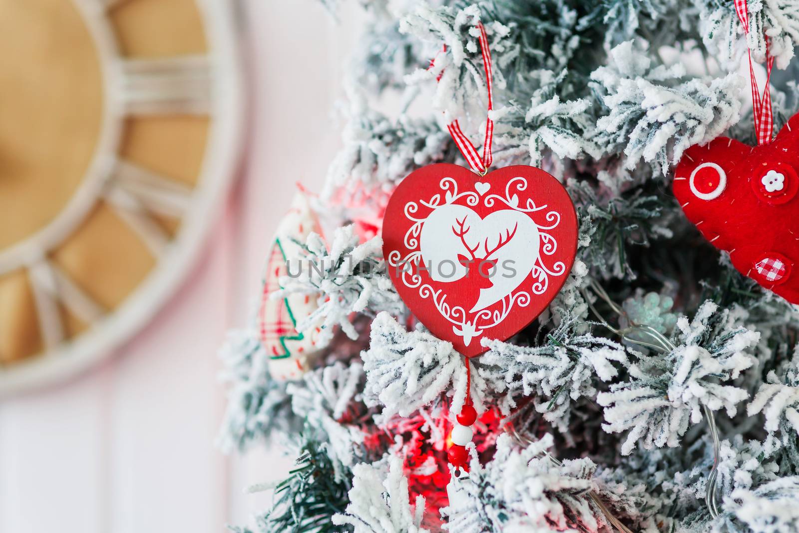Christmas and New Year background with Eve Tree and decorations. Cozy holiday morning at home.
