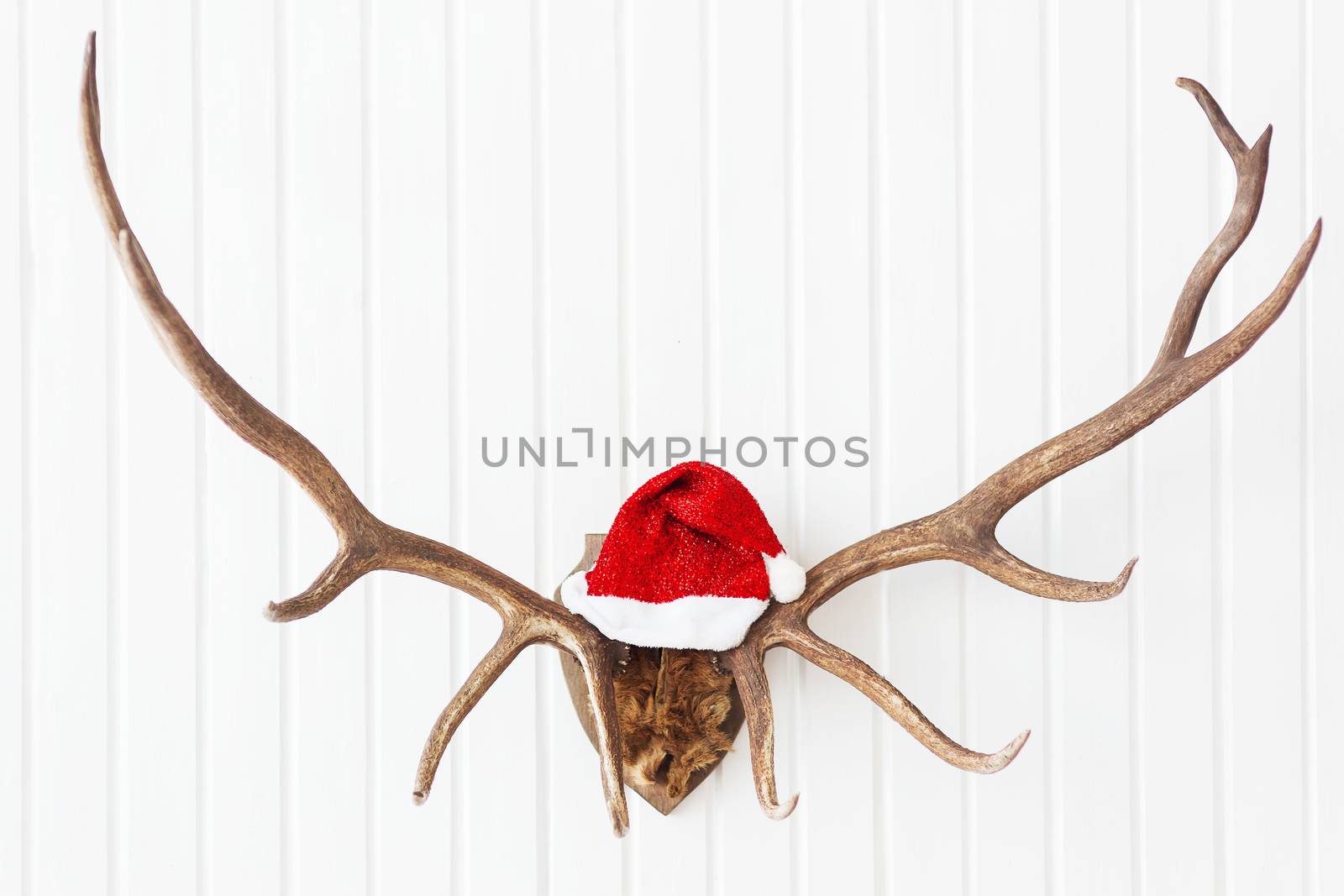 Deer antler with bright red Santa's hat. Christmas detail of home interior.