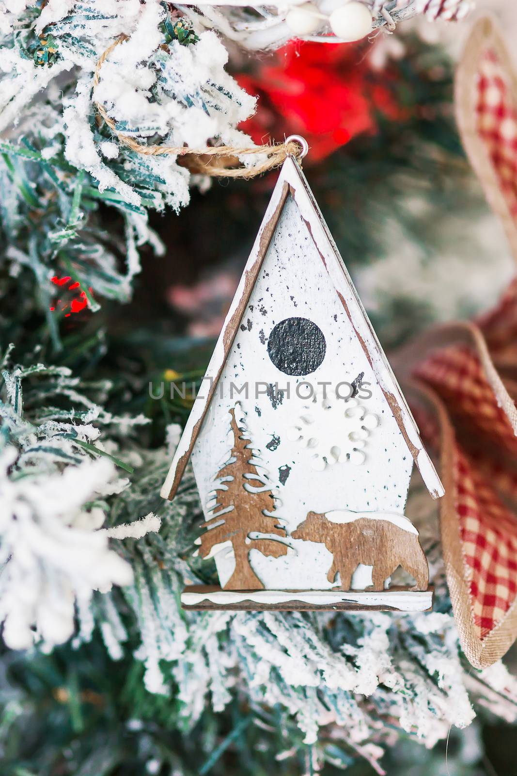 Christmas and New Year background with Eve Tree and decorations. Cozy holiday morning at home.