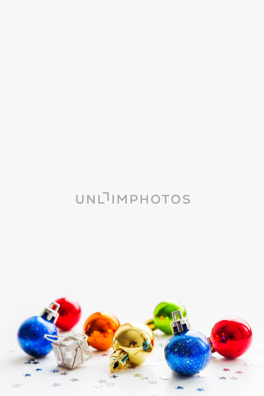 Christmas and New Year background with colorful decorative balls for Christmas tree. Place for text.