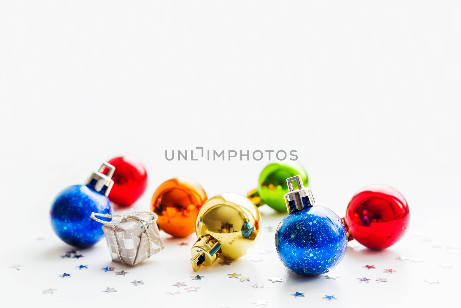 Christmas and New Year background with colorful decorative balls for Christmas tree. Place for text.