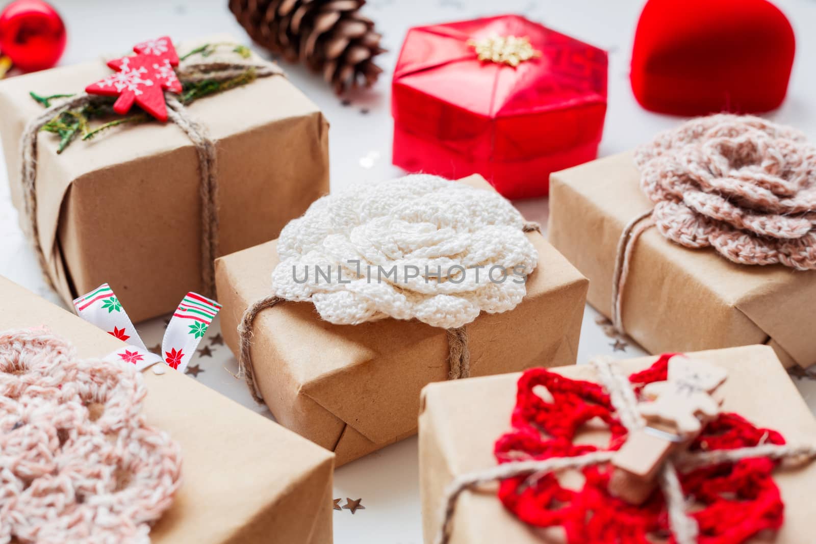 Christmas and New Year 2017 background with presents and decorations.