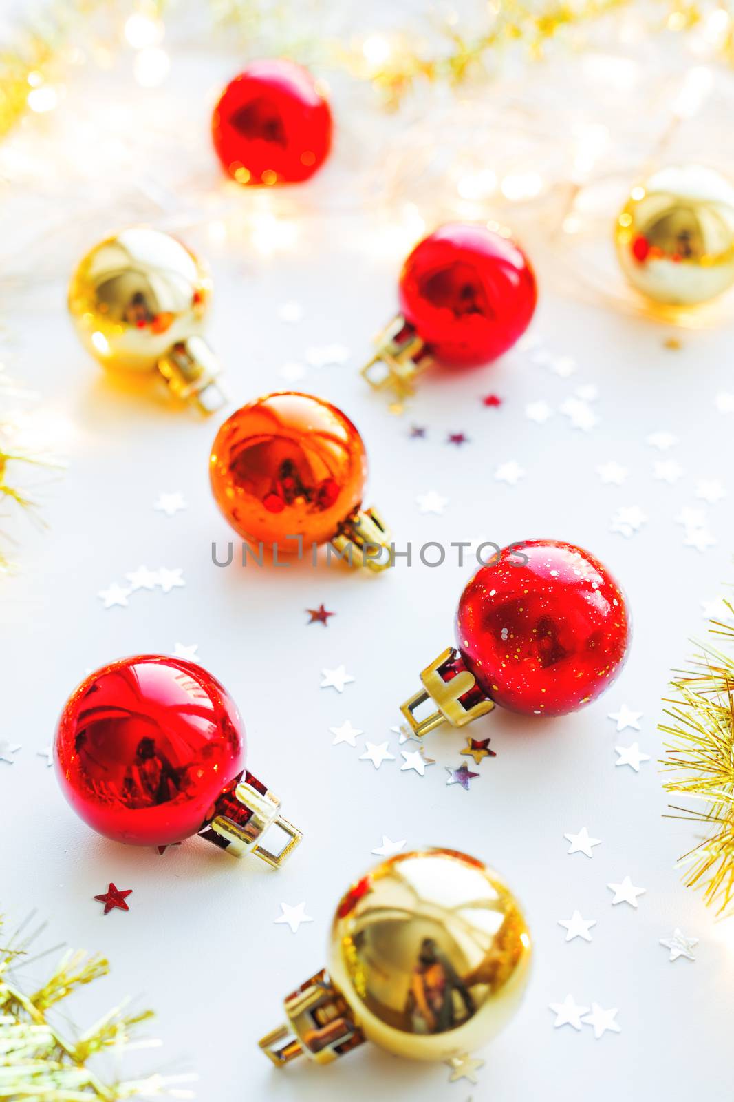 Christmas and New Year background with colorful decorative balls for Christmas tree.