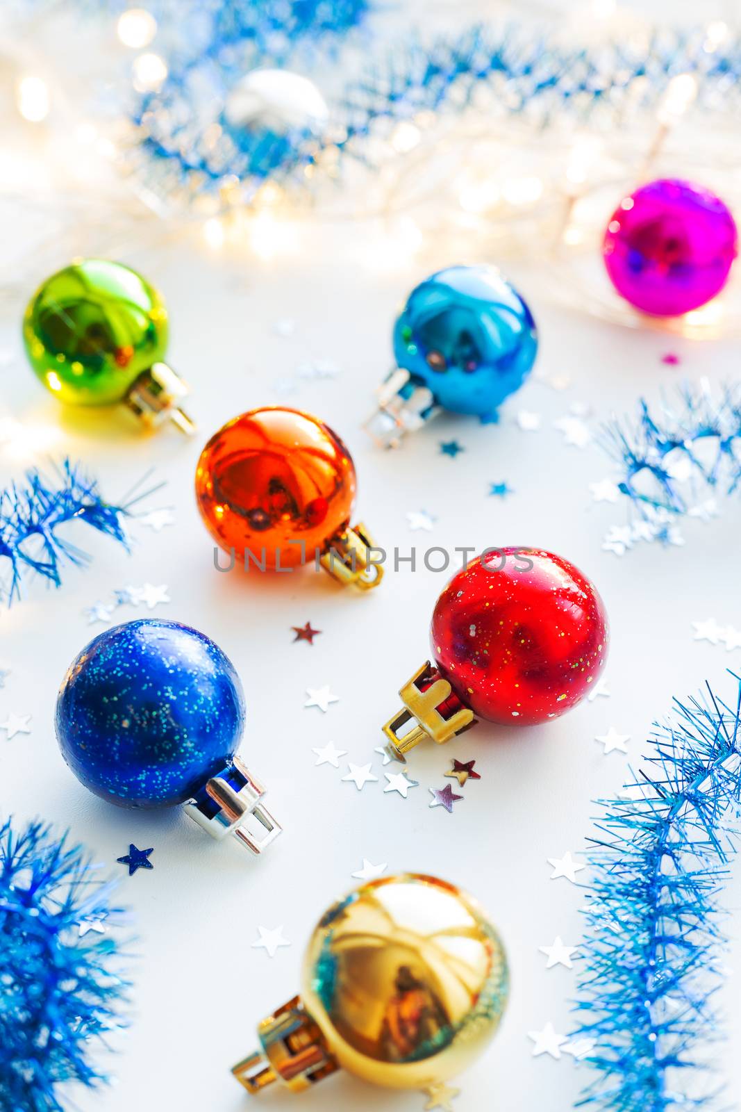 Christmas and New Year background with colorful decorative balls for Christmas tree.