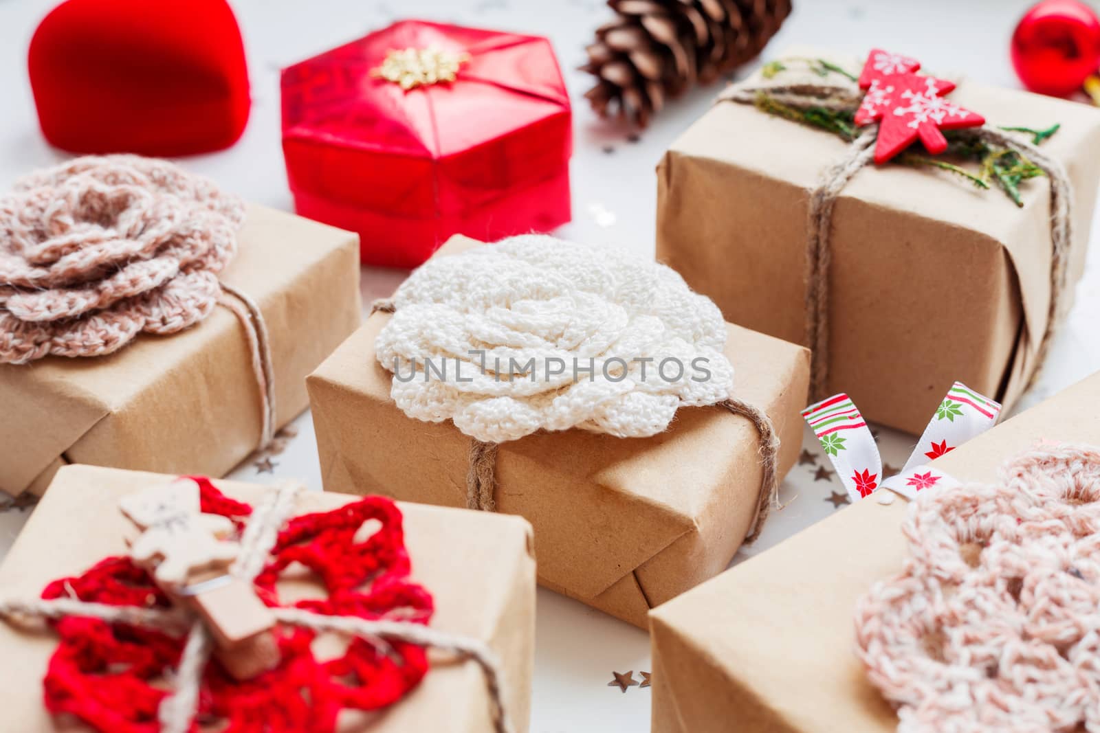 Christmas and New Year background with presents and decorations.