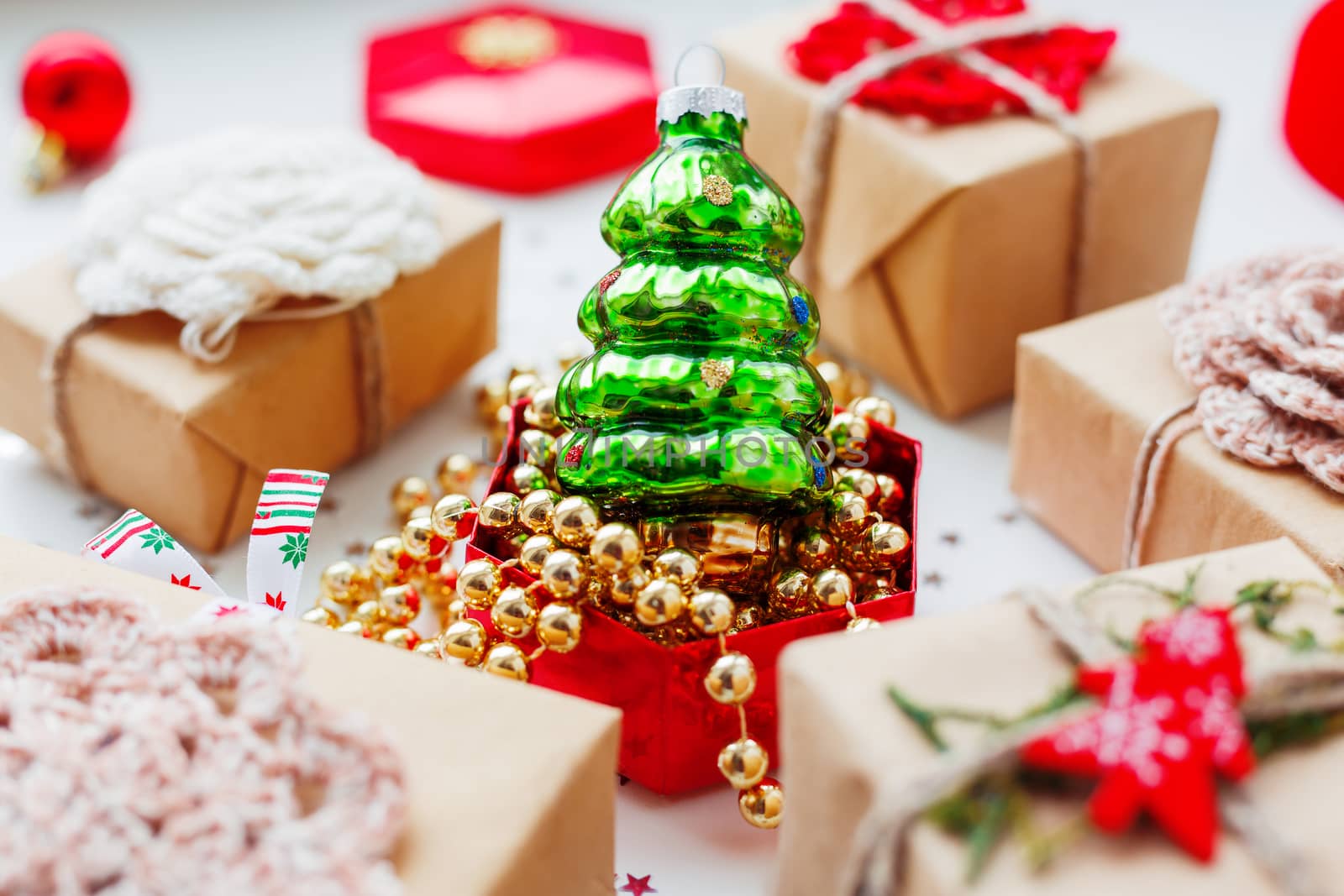 Christmas and New Year background with presents and decorations.
