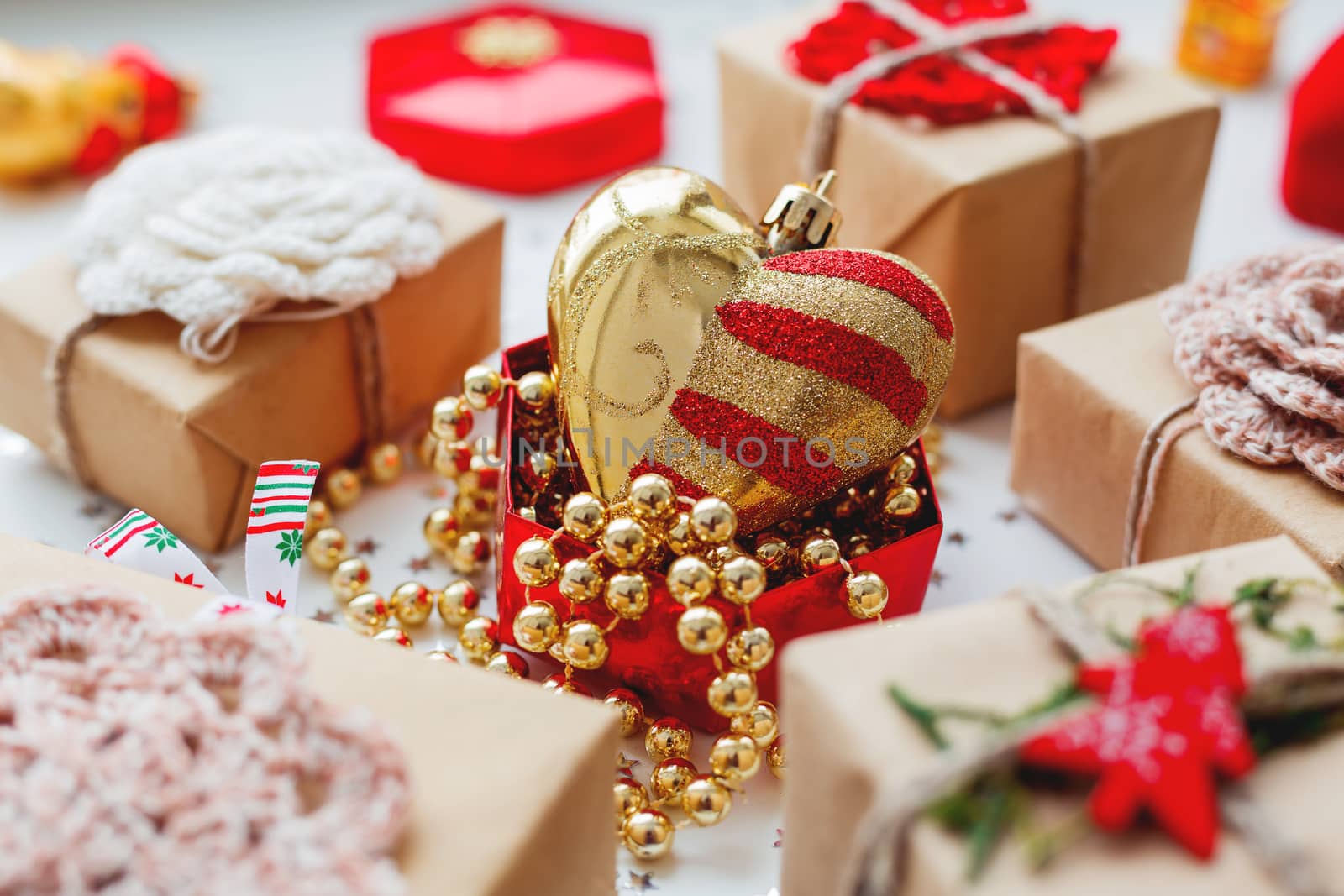 Christmas and New Year background with presents and decorations.