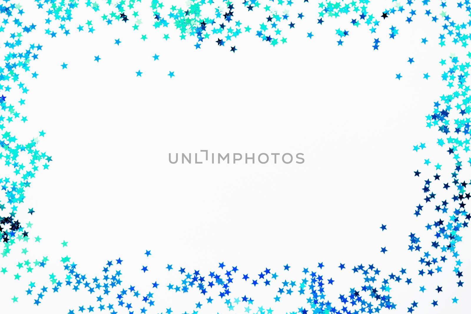 Holiday background with frame of cyan star confetti. Good background for Christmas and New Year cards.