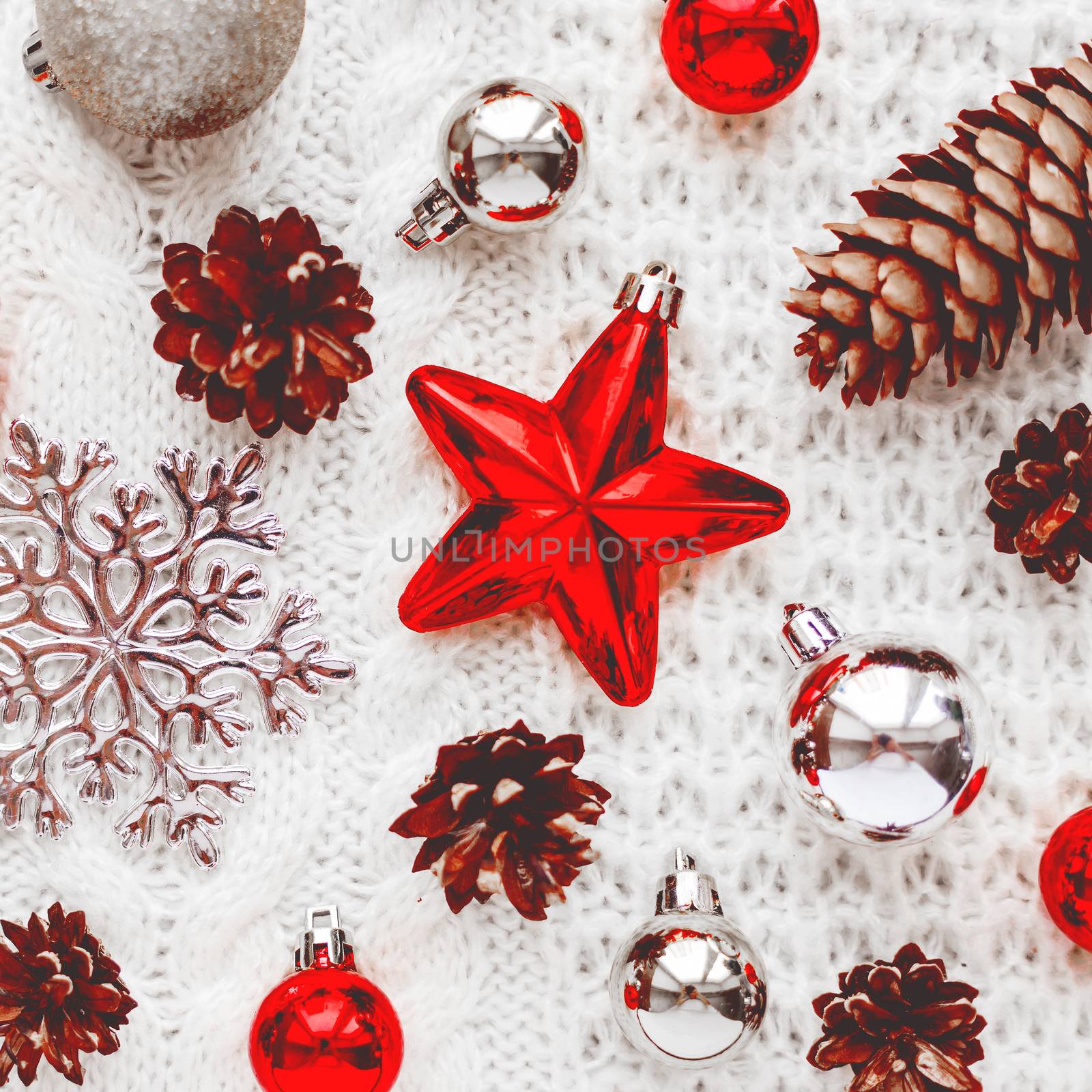 Christmas and New Year background with decorations - balls, star by aksenovko