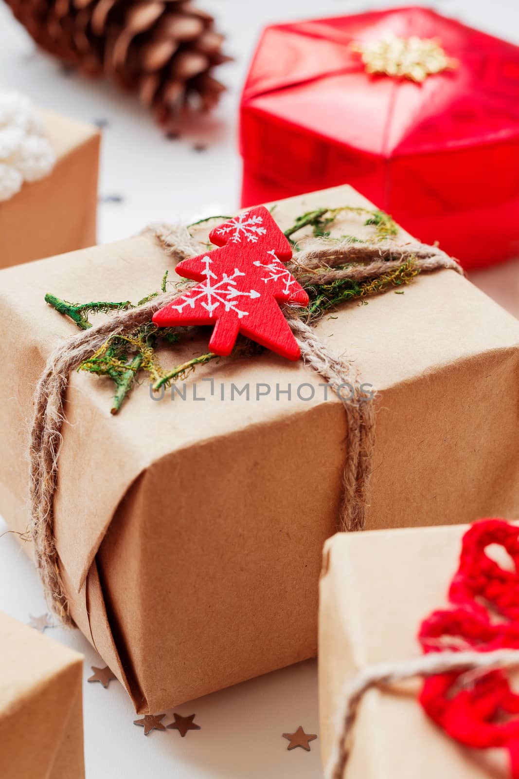 Christmas and New Year background with presents and decorations.