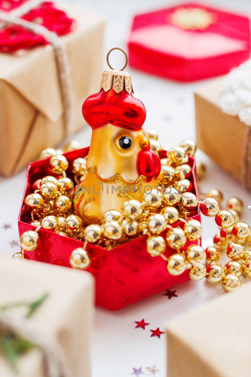 Christmas background with presents and decorations.
