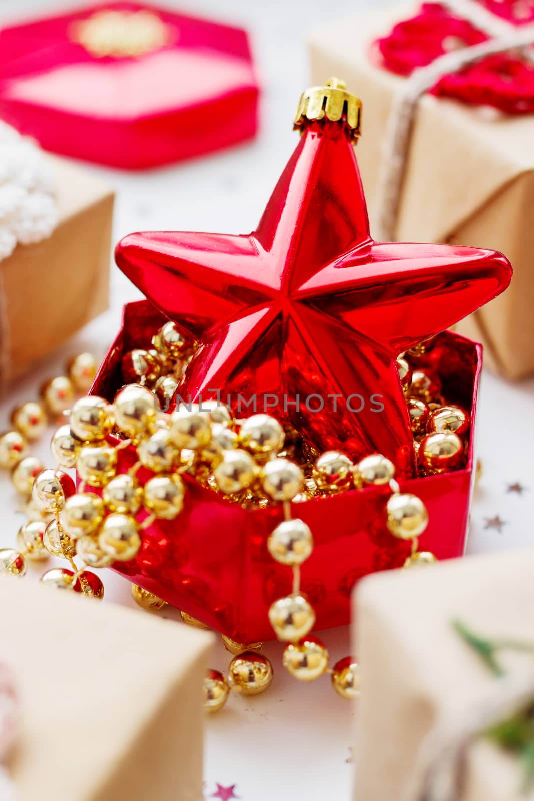 Christmas and New Year background with presents and decorations.
