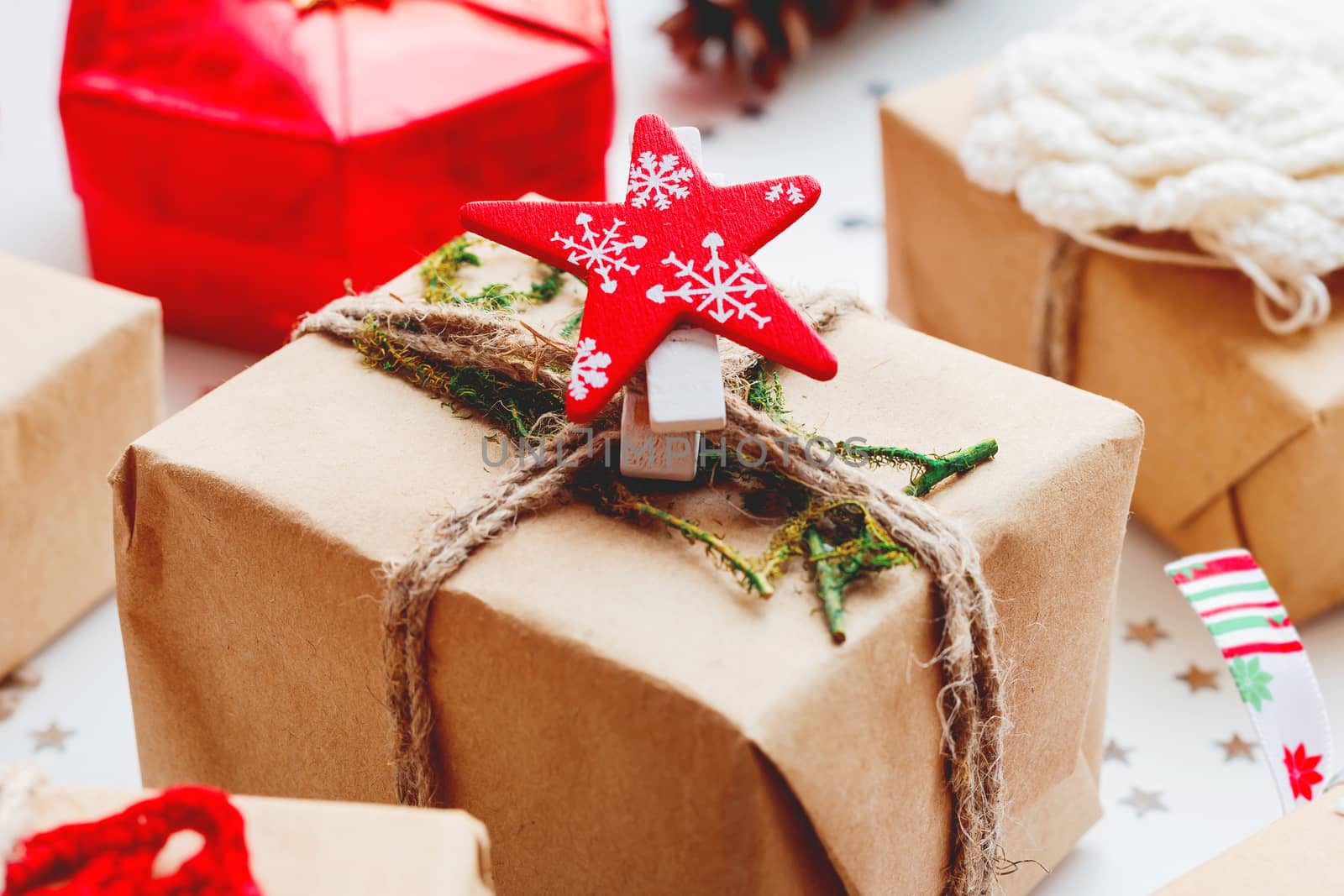 Christmas and New Year background with presents and decorations.