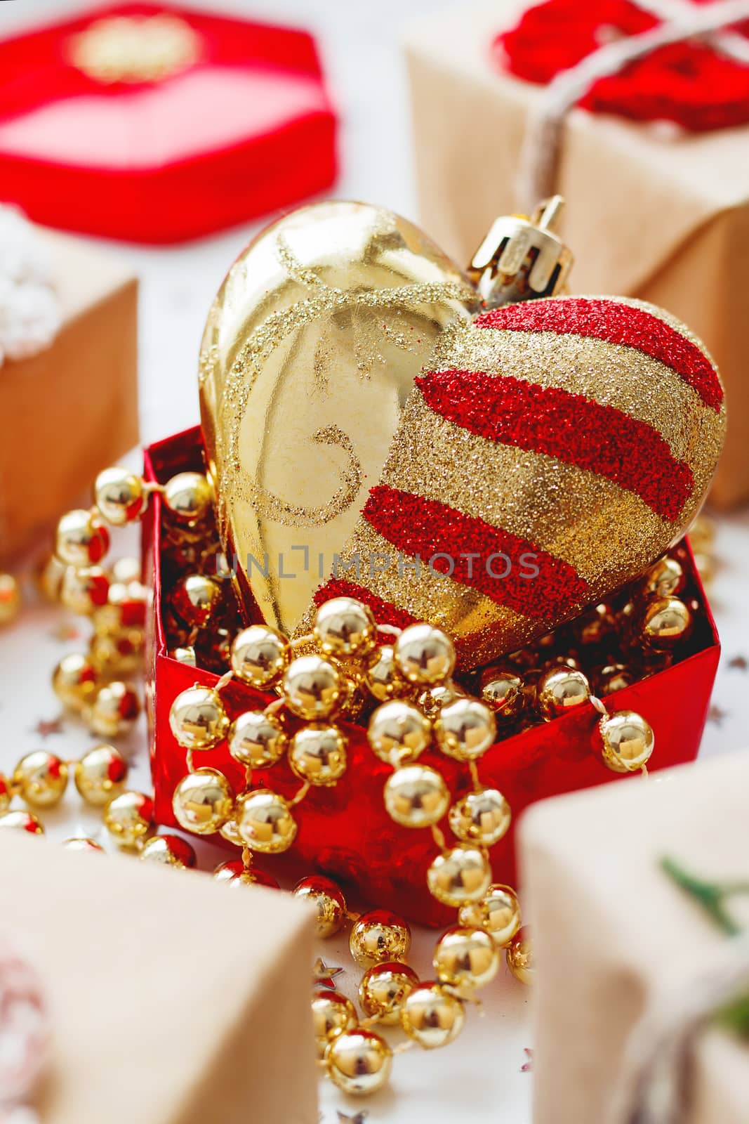 Christmas and New Year background with presents and decorations.