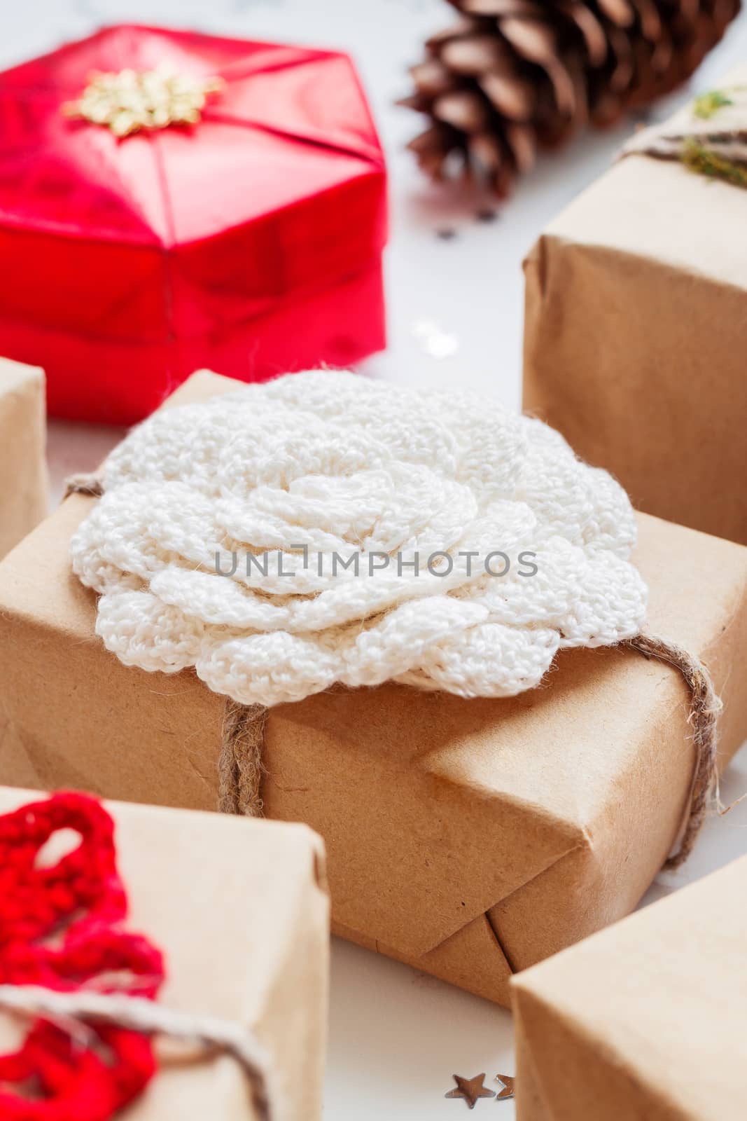 Christmas and New Year background with presents and decorations.