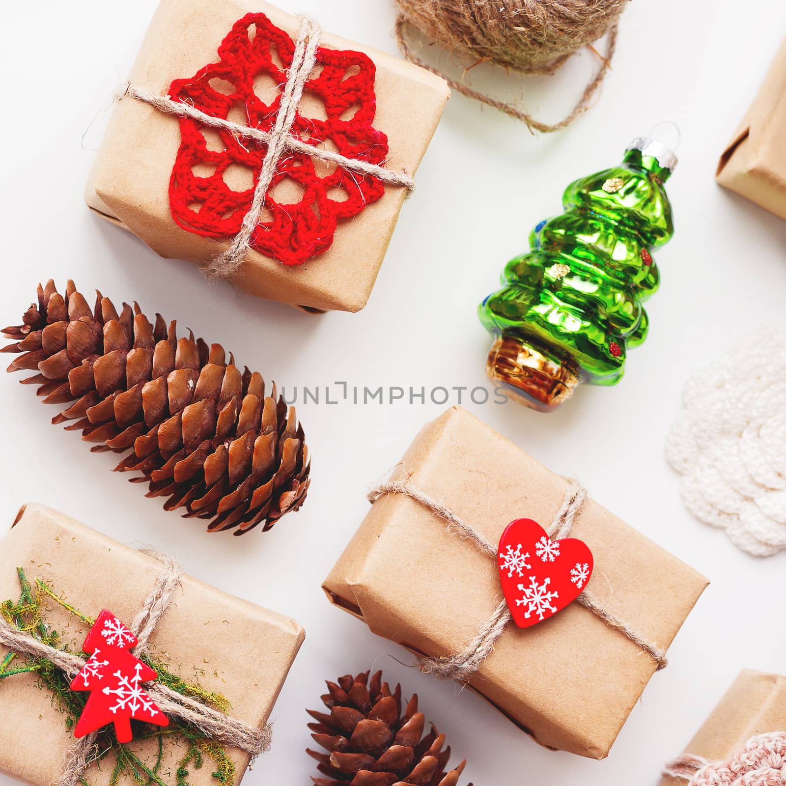 Christmas and New Year background with handmade presents wrapped by aksenovko