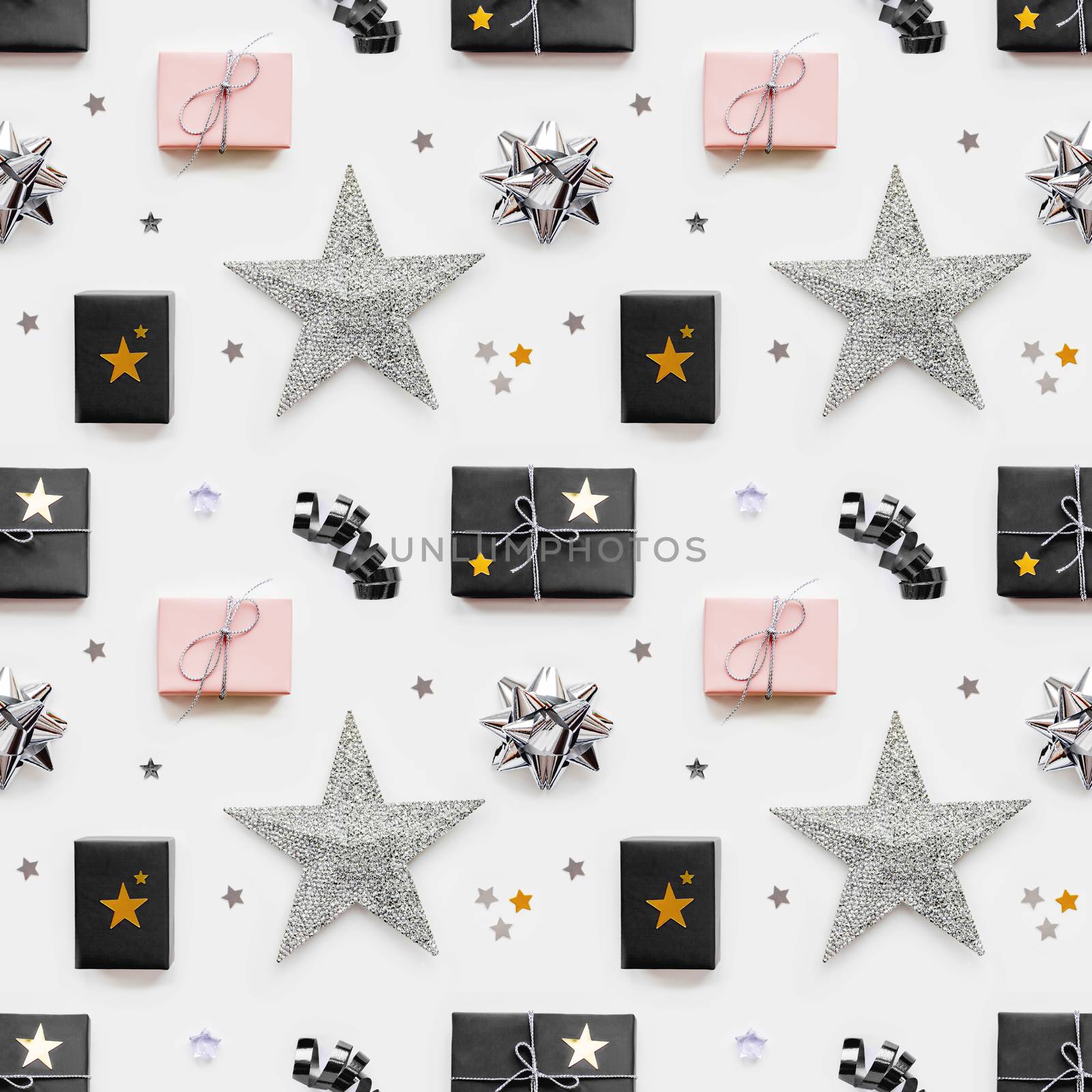 Photo seamless pattern with holiday presents. Gifts wrapped in pale pink and black paper with silver ribbons and bow. Stars confetti. Top view, flat lay.