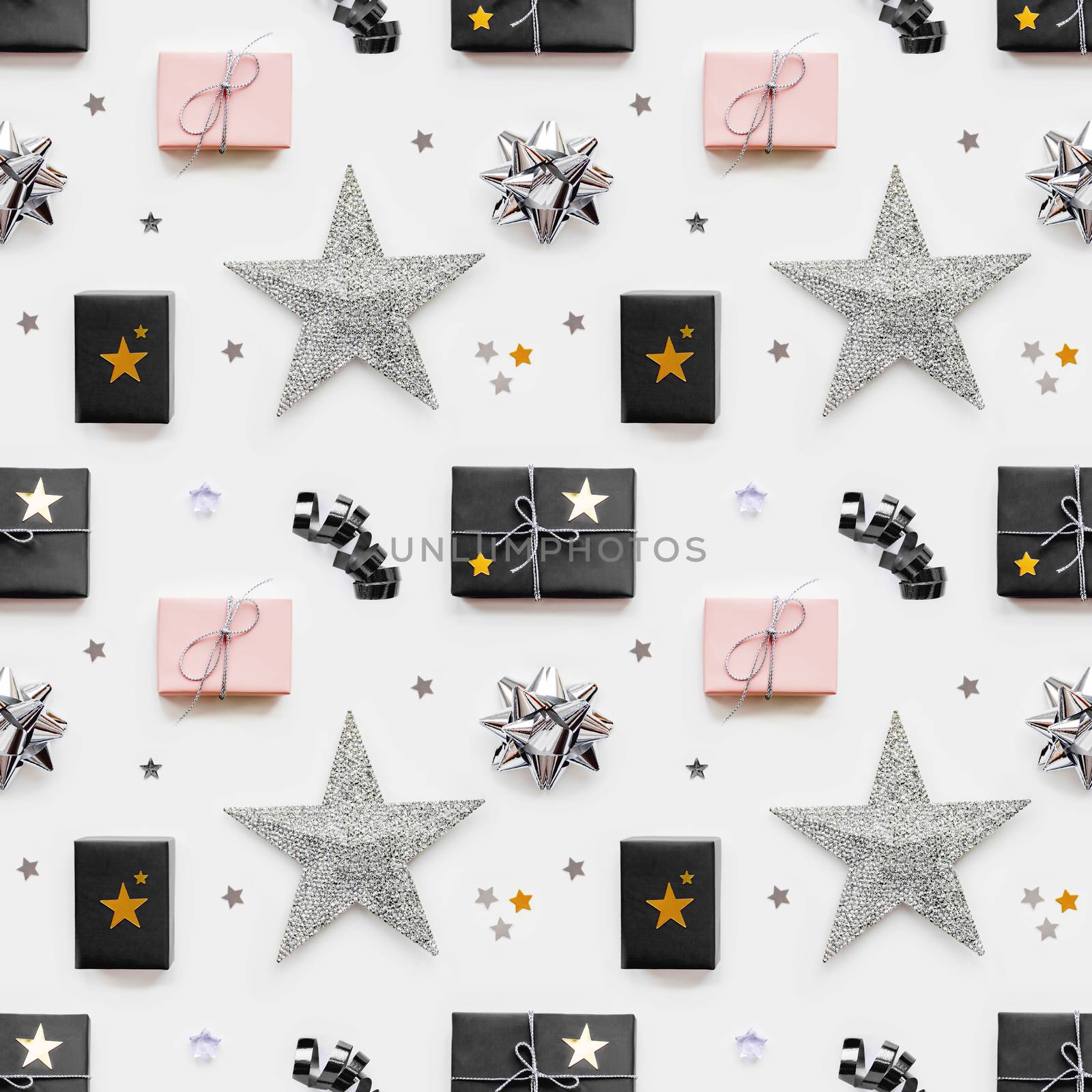 Photo seamless pattern with holiday presents. Gifts wrapped in pale pink and black paper with silver ribbons and bow. Stars confetti. Top view, flat lay.