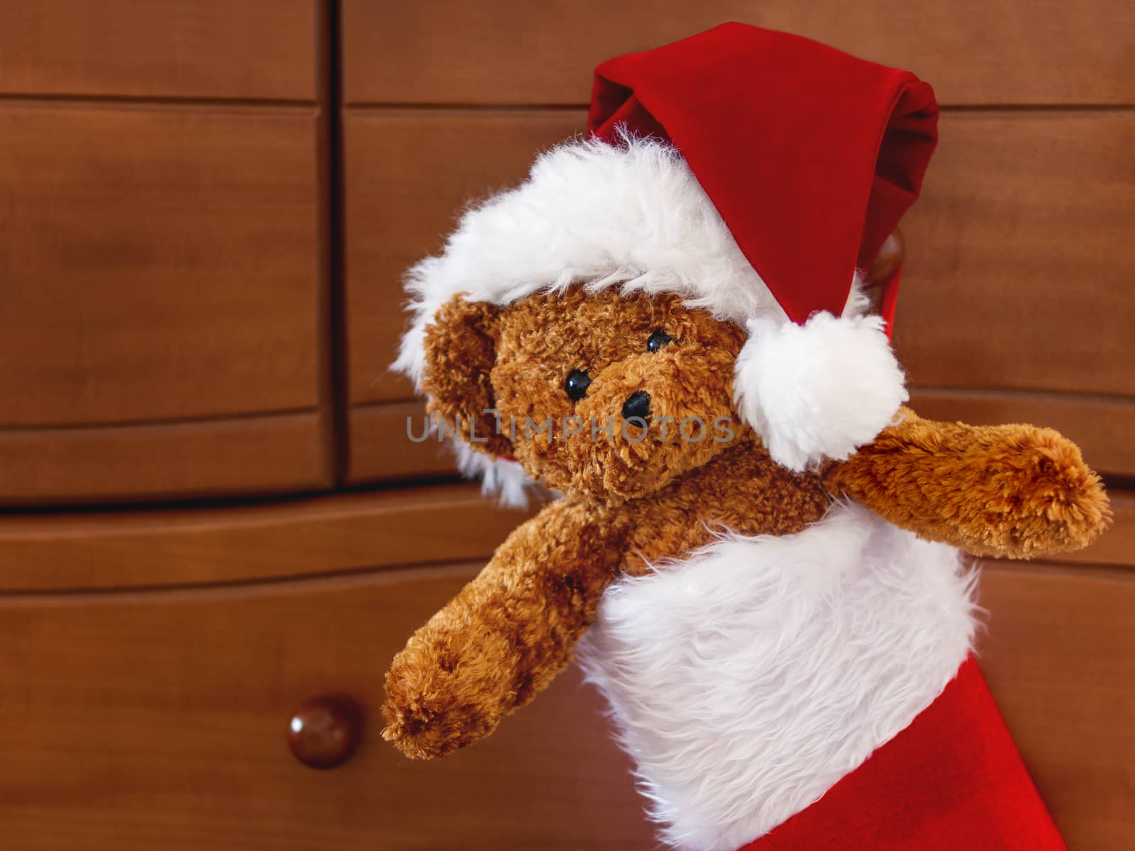 Brown teddy bear in Santa Claus hat. Plush toy as Christmas present in red sock.