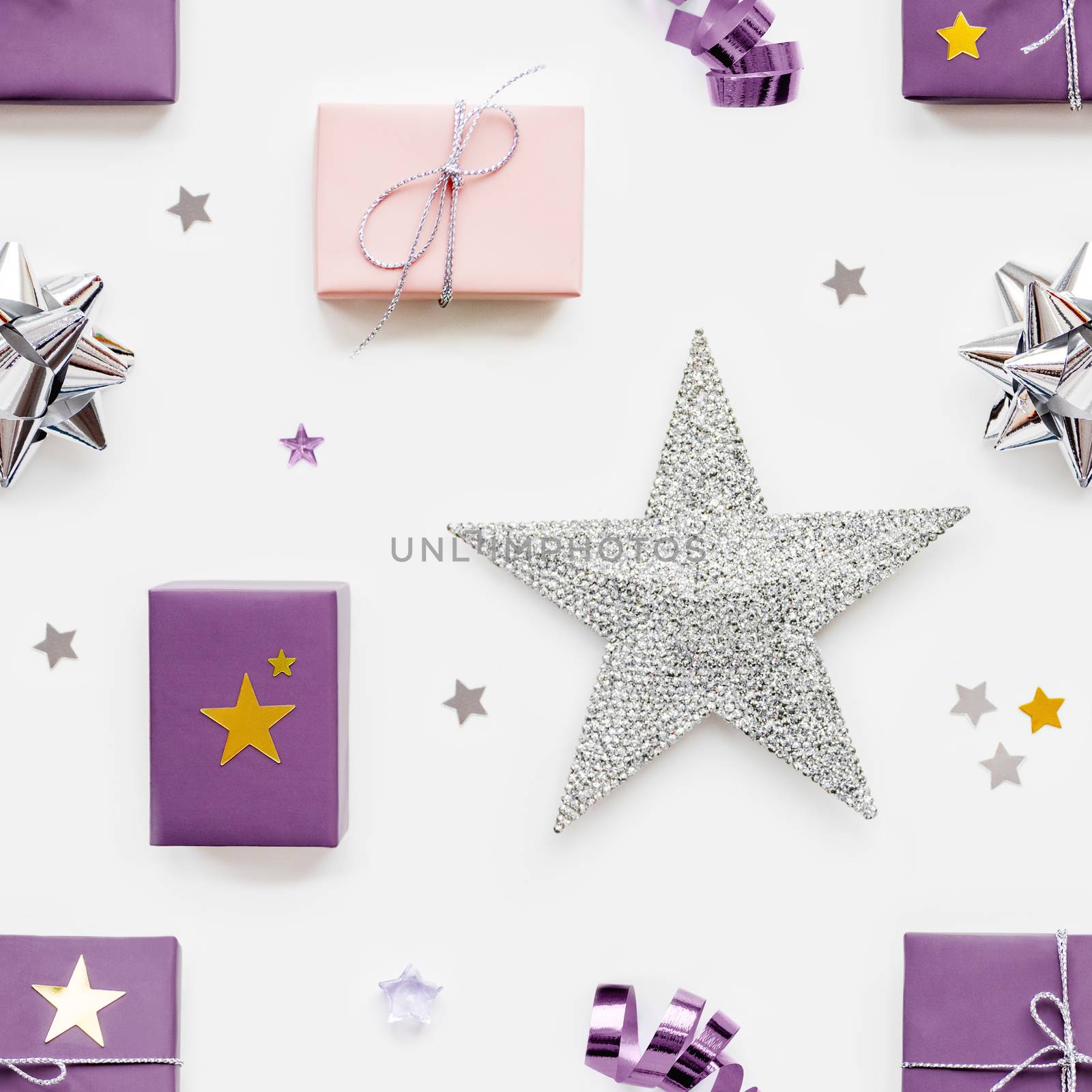 Photo seamless pattern with holiday presents. Gifts wrapped in pale pink and violet paper with silver ribbons and bow. Stars confetti. Top view, flat lay.