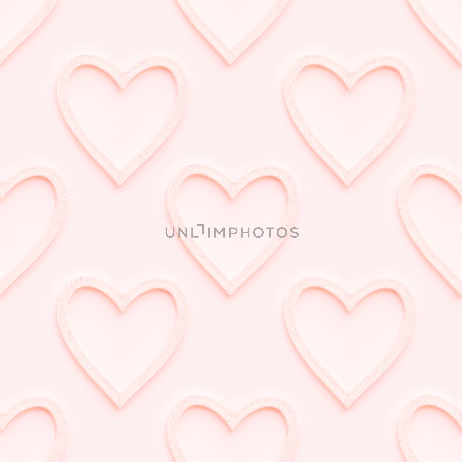 Seamless pattern with decorative coral colored hearts. Christmas or Valentine's Day decorations on pink background. Symbol of love, photo pattern.